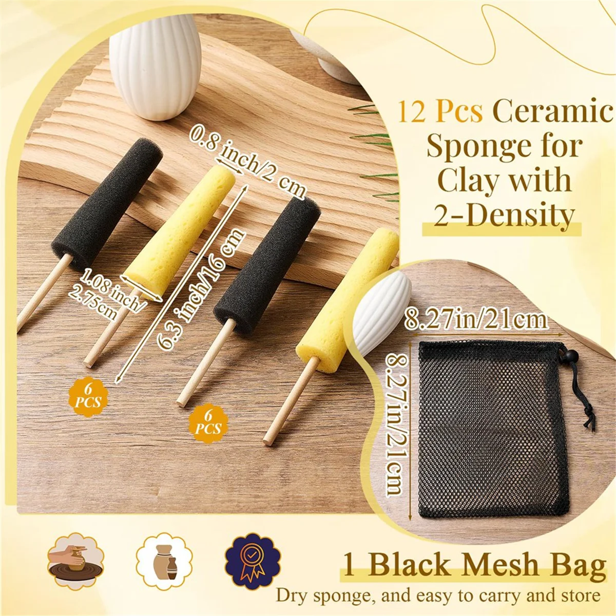 New 12 Pcs Pottery Sponge for Clay Pottery Sponges with 2-Density Sponge Stick for Pottery Clay Sponge for Pottery Ceramic