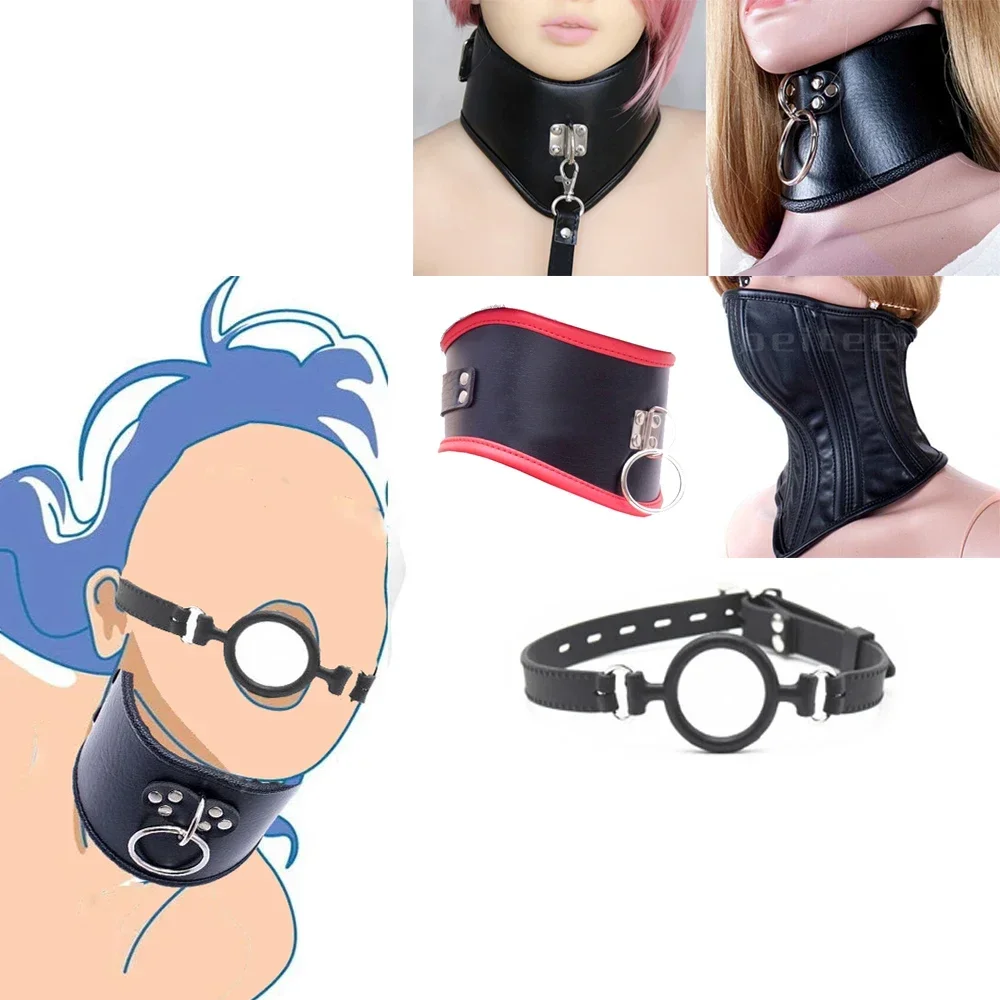 PU Leather Neck Collar Choker Posture Corset BDSM Silicone Open Mouth Gag O Ring Restraint Slave Roleplay Sex Toys Game