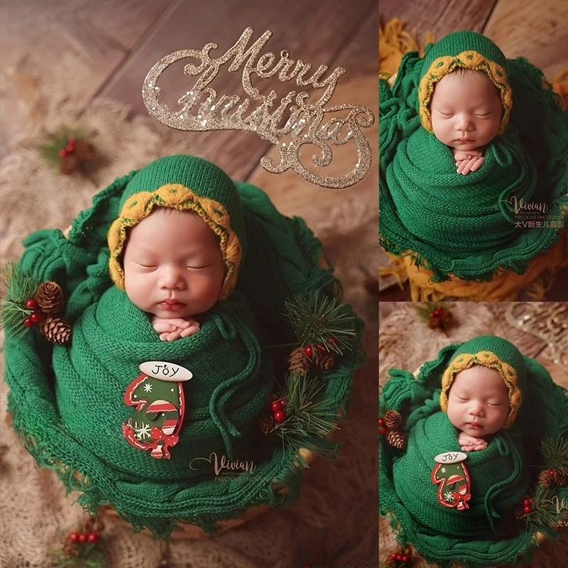 

Newborn Photography Props Christmas Theme Set Green Knitted Wrap with Hat Posing Basket Backdrop X'mas Decor for Baby Photoshoot