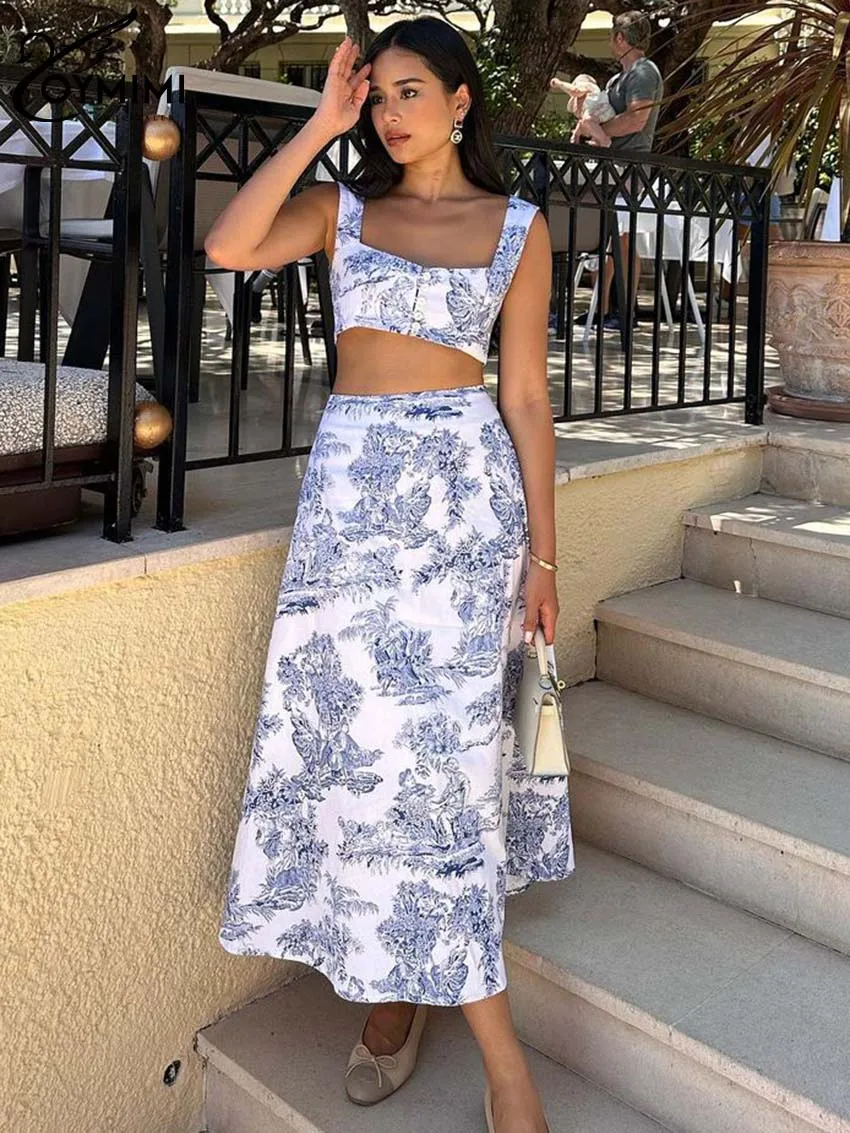 Oymimi Fashion Blue Print Two Piece Set For Women Elegant Slip Button Open Back Crop Tank Top And High Waist Mid-Calf Skirts Set