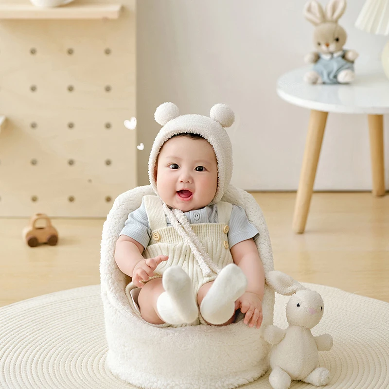 Bear Baby Clothing Adjustable Plush Bear Ear Hat Knitted Overalls Newborn Outfit Cute Bunny Shoot Props Studio Photo Accessories