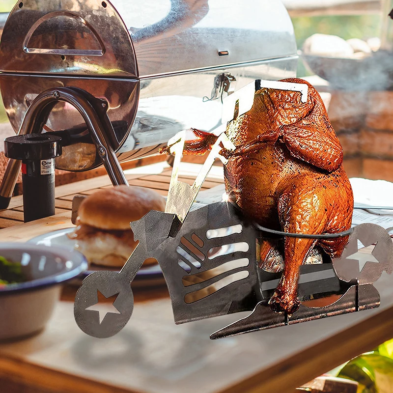 

American Motorcycle BBQ Steel Rack Funny Chicken Stand With Beer Can Holder Grilling Tool Roast Barbecue Accessories Outdoor