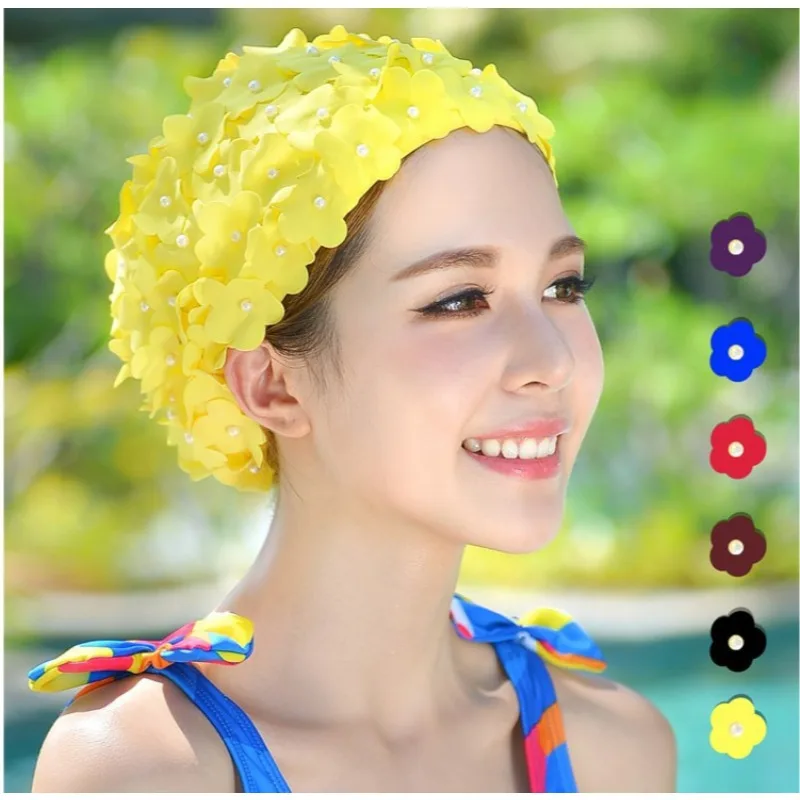 Gorro de natación con pétalos tridimensionales de perlas para mujer, gorros de baño de pelo largo y corto para vacaciones, moda femenina, nuevo verano