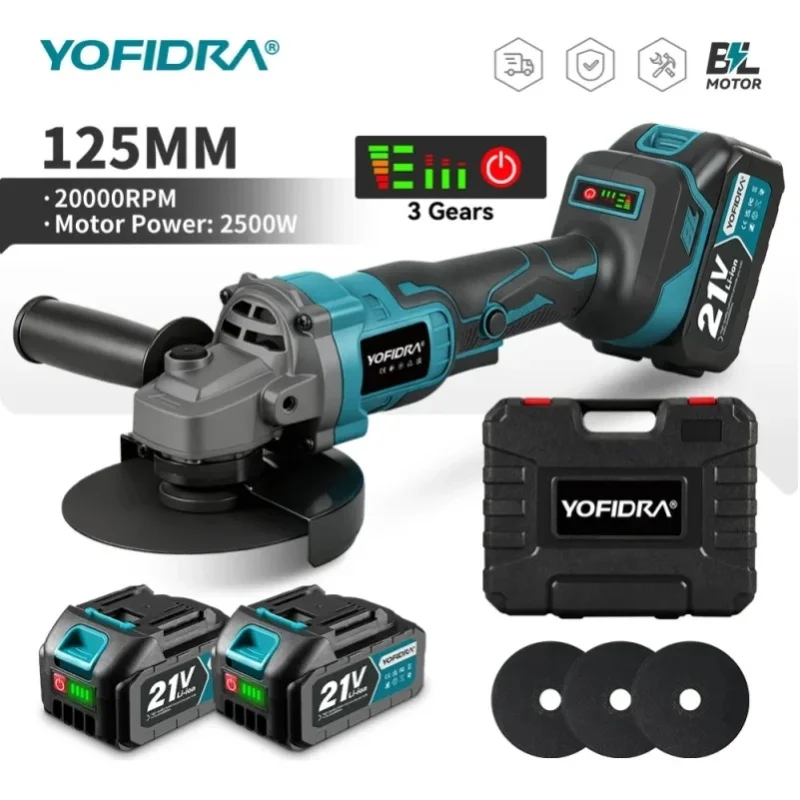 YOFIDRA 125MM Bürstenloser Elektrischer Winkelschleifer 20000RPM Kabellos Holz- und Metallschneiden Schleifen Polieren Elektrowerkzeug für Makita Akku