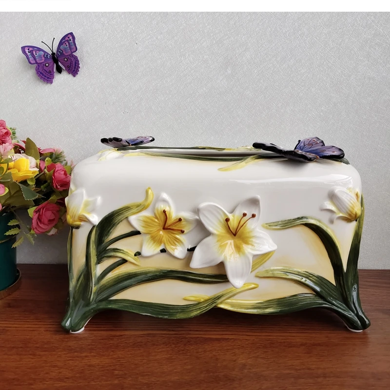 European pastoral style ceramic tissue box living room luxury rectangular paper desktop boxes