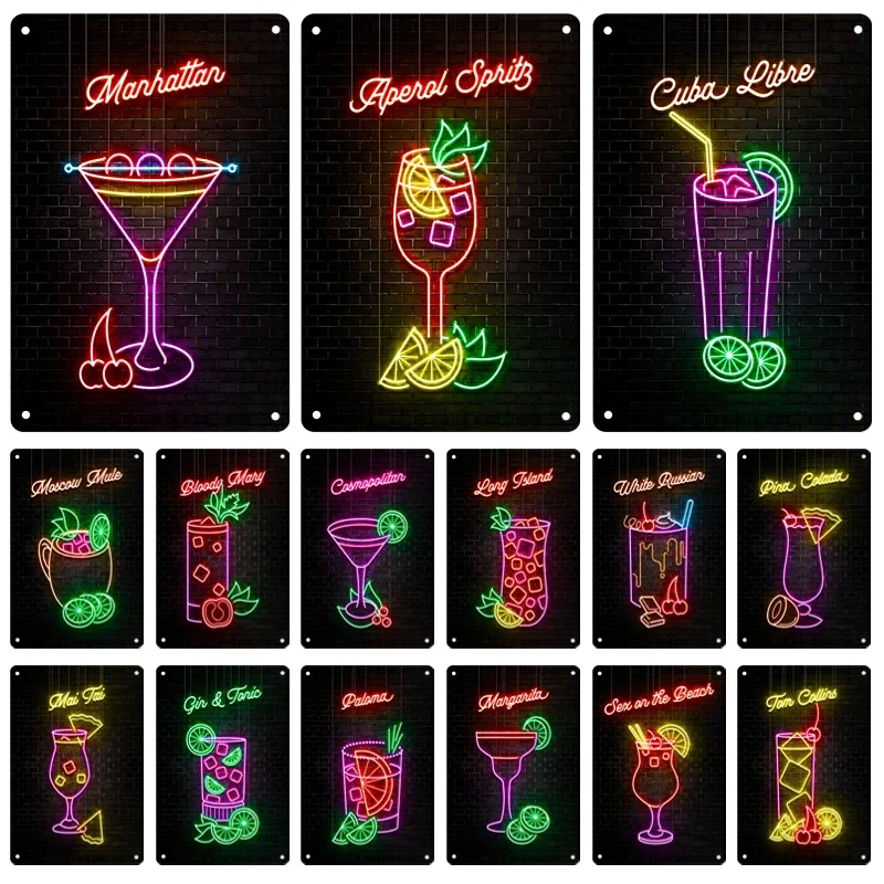 Neon Cocktail Drinks Metal Poster Sign Plaque Tin Painting Vintage Signage Home Restaurant Bar Club Wall Art Decor Mural Gift