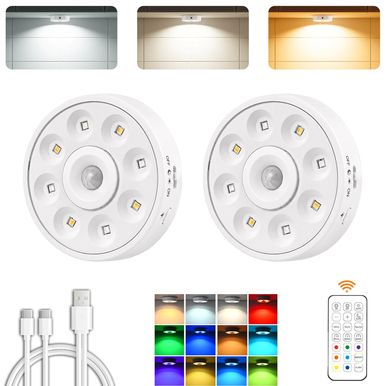 Motion Sensor Closet Lights 1200mAh Rechargeable LED Under Cabinet Lighting 4 C…