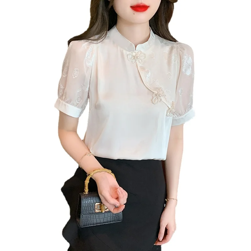 Summer Short Sleeve Women's Chiffon Blouse 2023 New Retro Buckle Graceful Satin Shirt Top