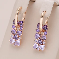 Kinel-Boucles d'oreilles pendantes violettes brillantes pour femmes, bijoux fins, cadeau en cristal, document en or rose, mariée, naturel, tendance de mariage, chaud, 585