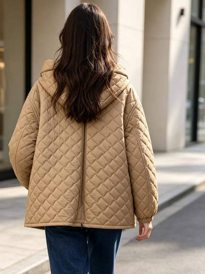 Women's hooded plaid quilted jacket winter loose zipper drawstring hooded elastic cuffs warm jacket