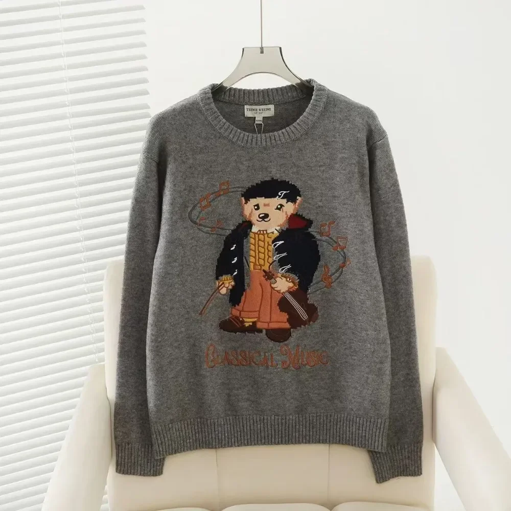 Szykowne swetry żakardowe Vintage Bear Cartoon Pattern Jumper Tops Korean Preppy Style Women Winter Cashmere Knitwear Tops