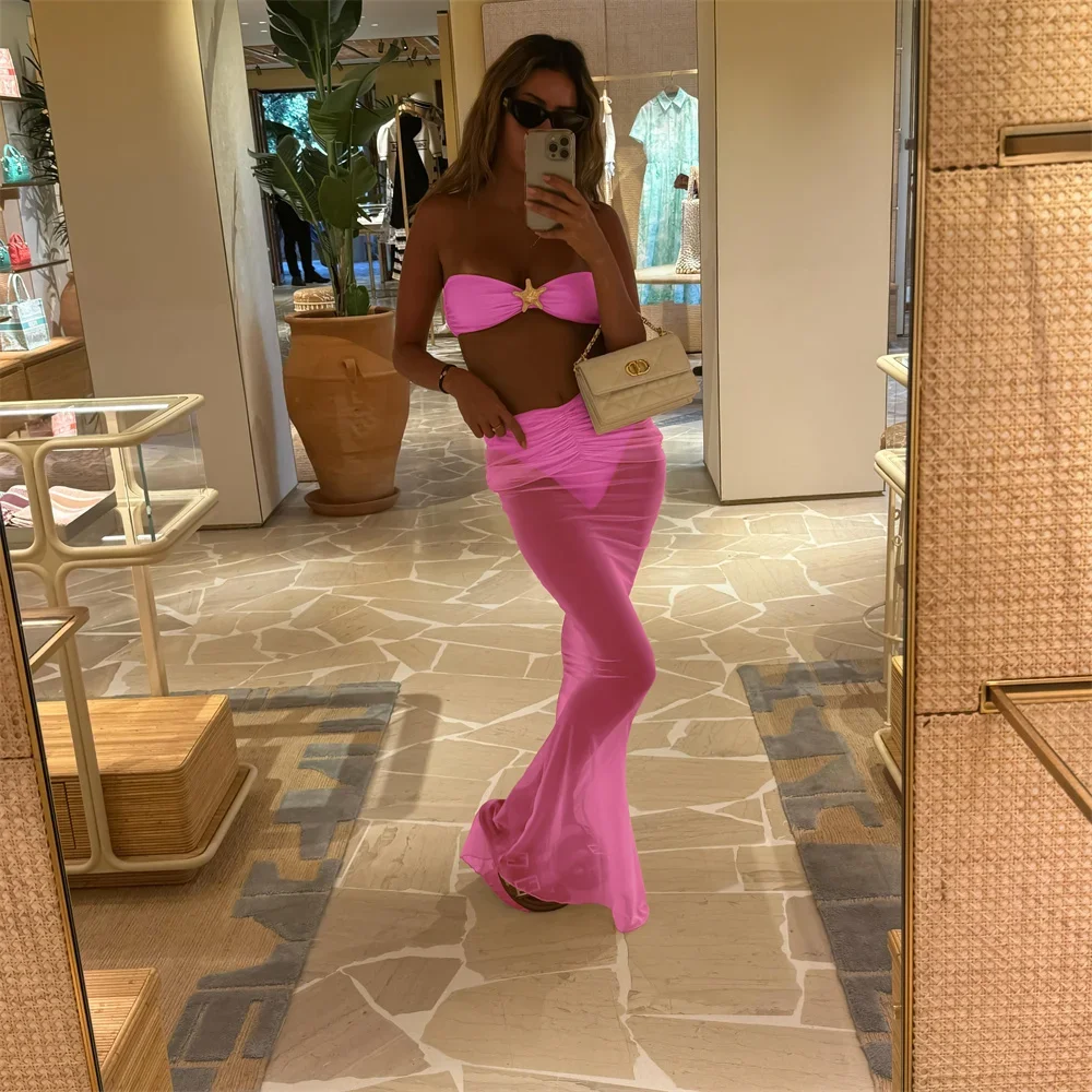Sexy estrela do mar 3 peças micro biquinis feminino maiô 2024 roupa de banho beachwear com saia longa conjunto biquíni biquini
