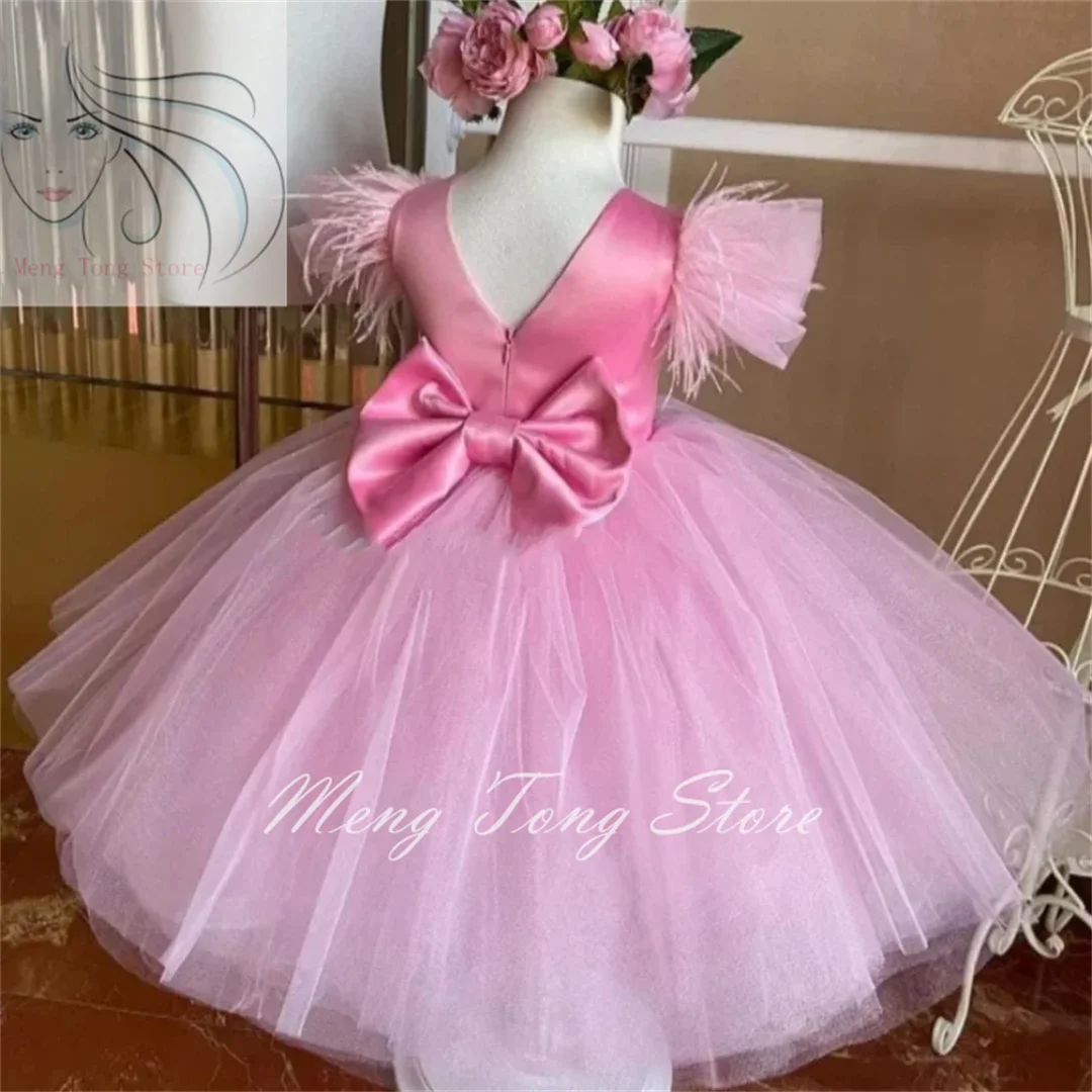 Pink Tulle Flower Girl Dress For Wedding Feather Puffy with Bow Kids Birthday First Communion Princess Party Dress Ball Gown