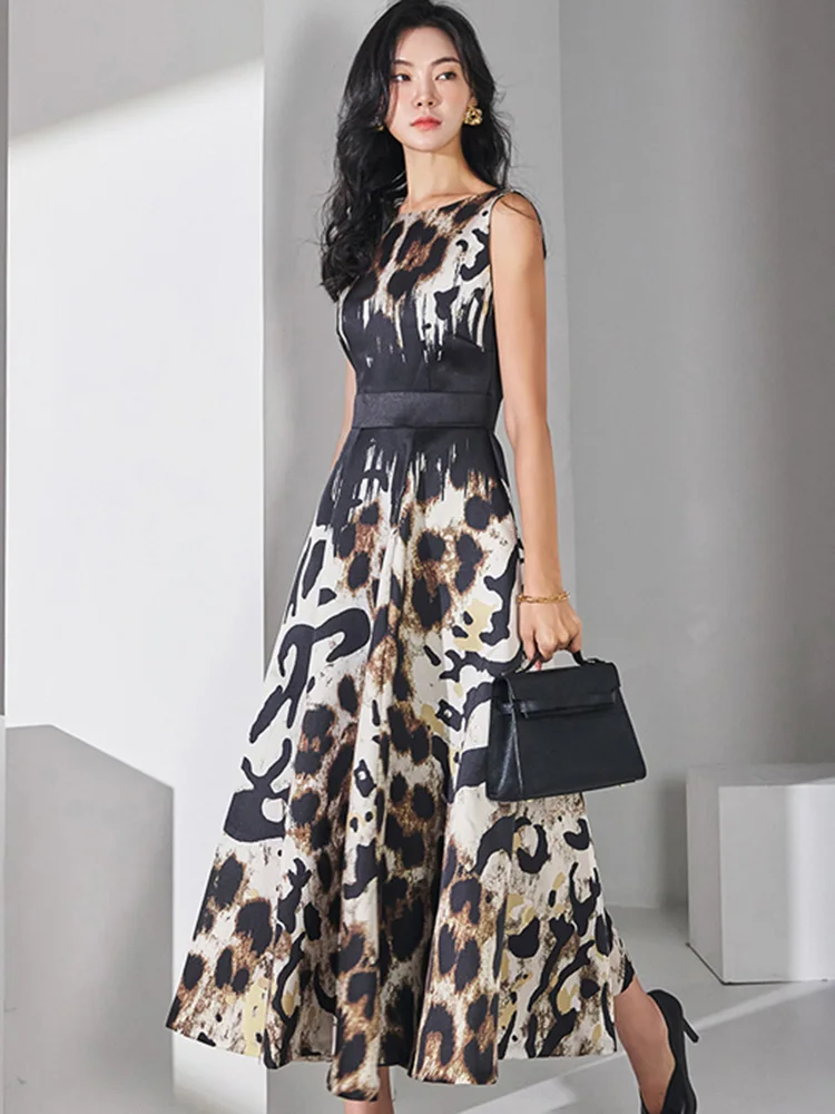 Vestido de fiesta elegante de verano con estampado de leopardo y cuello redondo, línea de cintura alta, espalda hueca, dobladillo inferior grande, vestido Retro para mujer