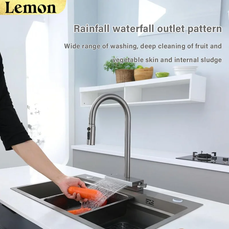 Kitchen pull-out stainless steel faucet, pull-out design, multi-functional pressurized spout, hot and cold dual control