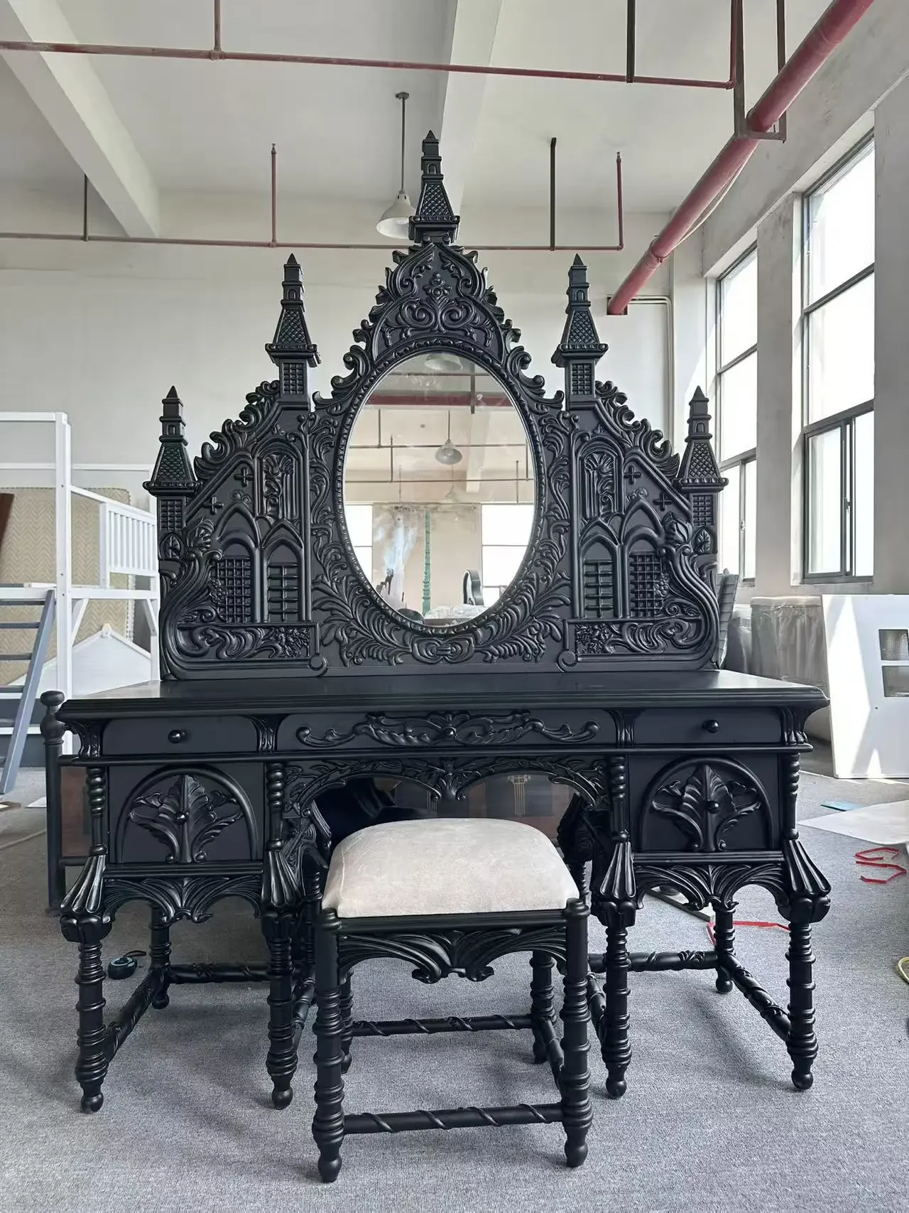 Court black makeup table retro solid wood dresser French castle handmade set