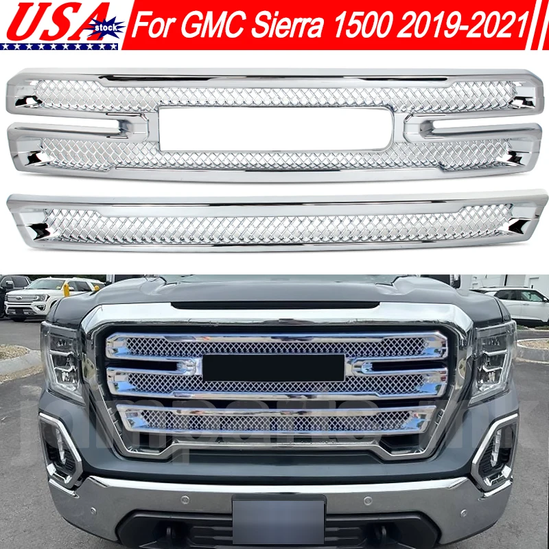 Grille Cover Mesh Insert Grille Overlay Replace For GMC Sierra 150 SLT AT4 Denali 2019 2020 2021 2022 Front Grille Decors Chrome