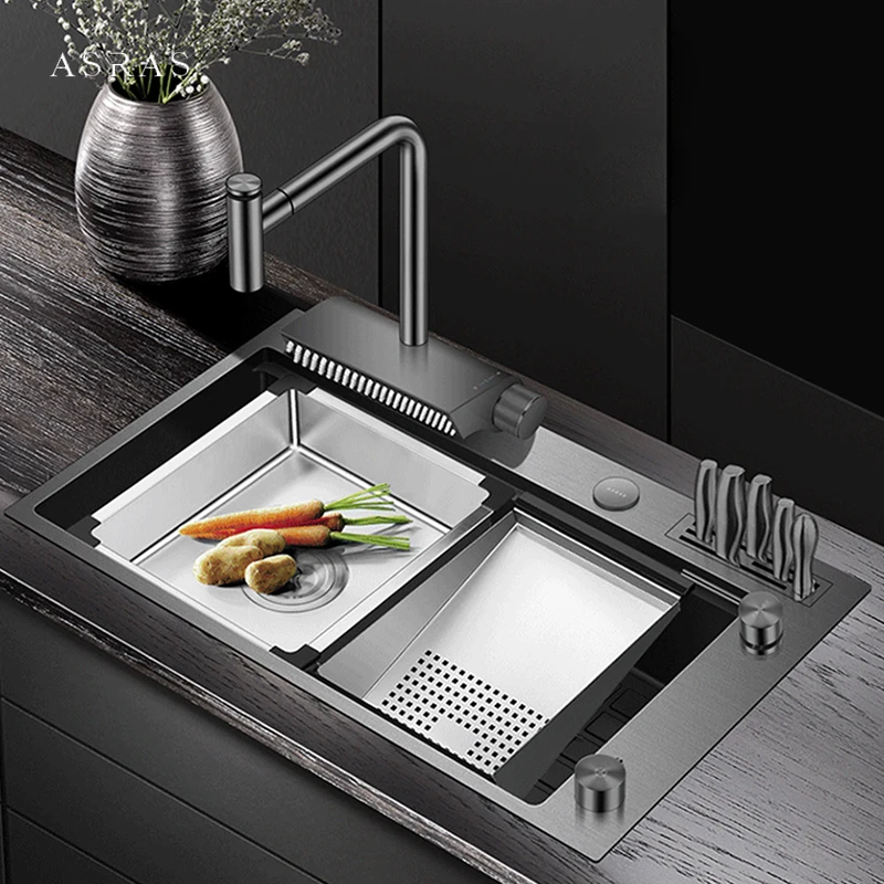 

Nano Black Step Kitchen Sink SUS 304 Stainless Steel 4mm Thickness Handmade Above Mount Waterfall Faucet Kitchen Sinks