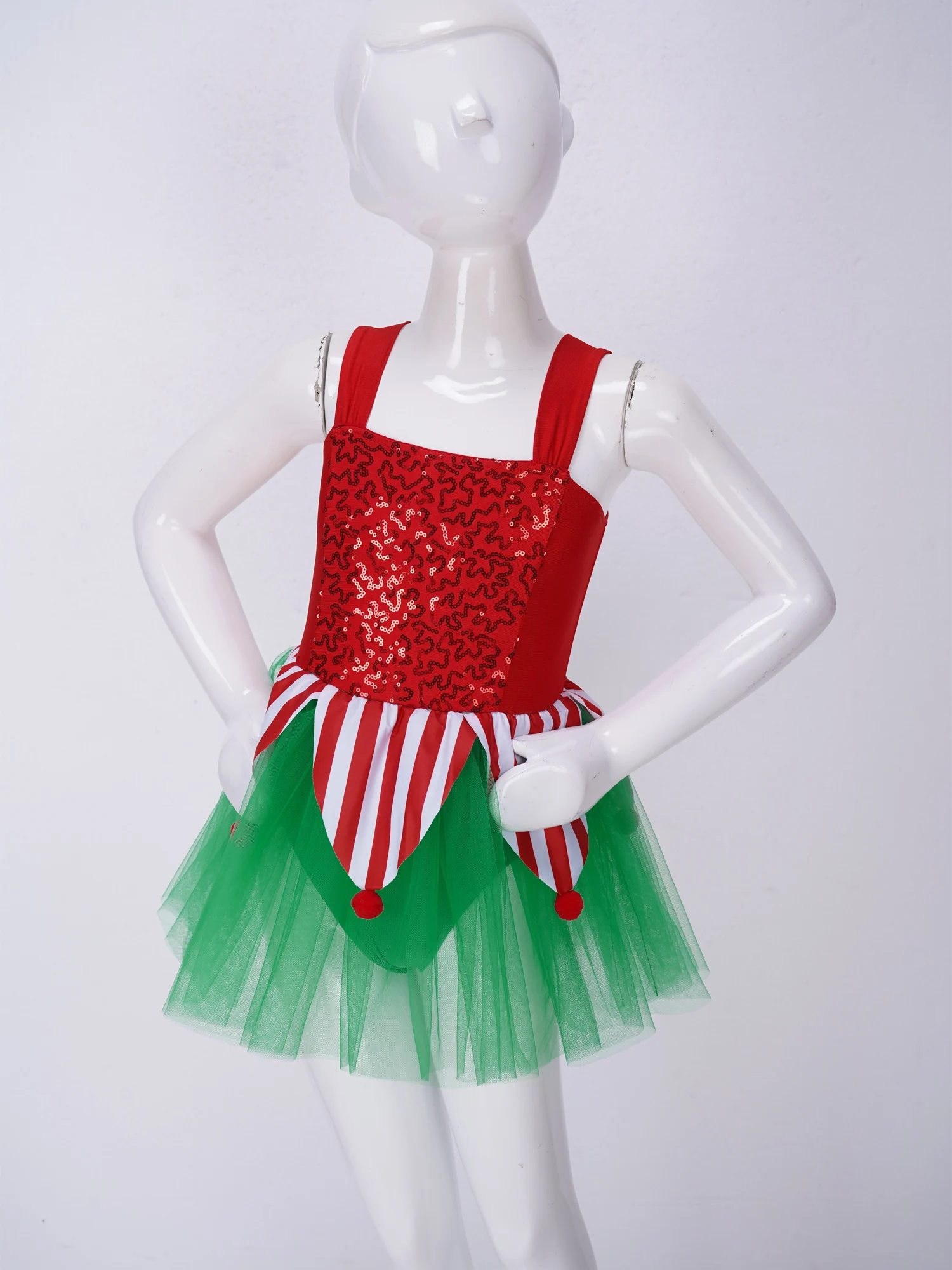 Kids Girls Christmas Dress Shiny Sleeveless Pompoms Ballet Tutu Tulle Skirt Jumpsuit for Xmas Cosplay Dancing Stage Performance