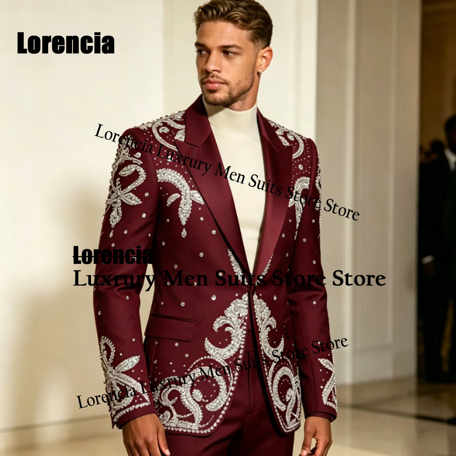 

Customized Crystal Sequin Suit For Men Glitter Groom Party Male Blazer 2 Piece Sets Luxury Slim Fit Tuxedos Wedding Ropa Hombre