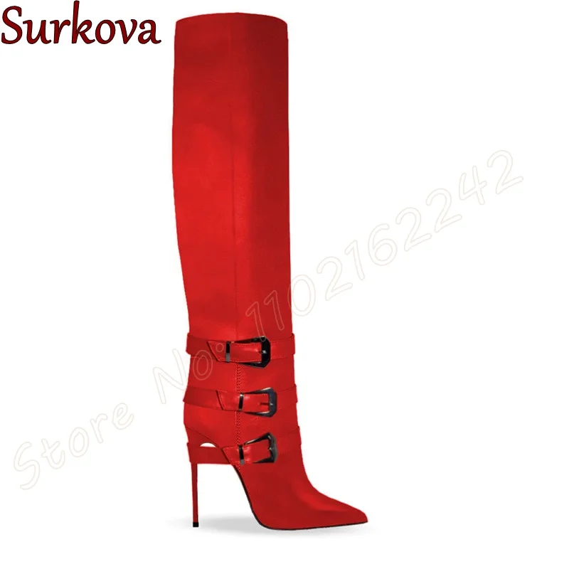 

Spring And Autumn Belt Buckle Stiletto Knee-High Boots Arrow Side Zipper Mid-Calf Boots Fashion Party Nightclub Stage Long Boots