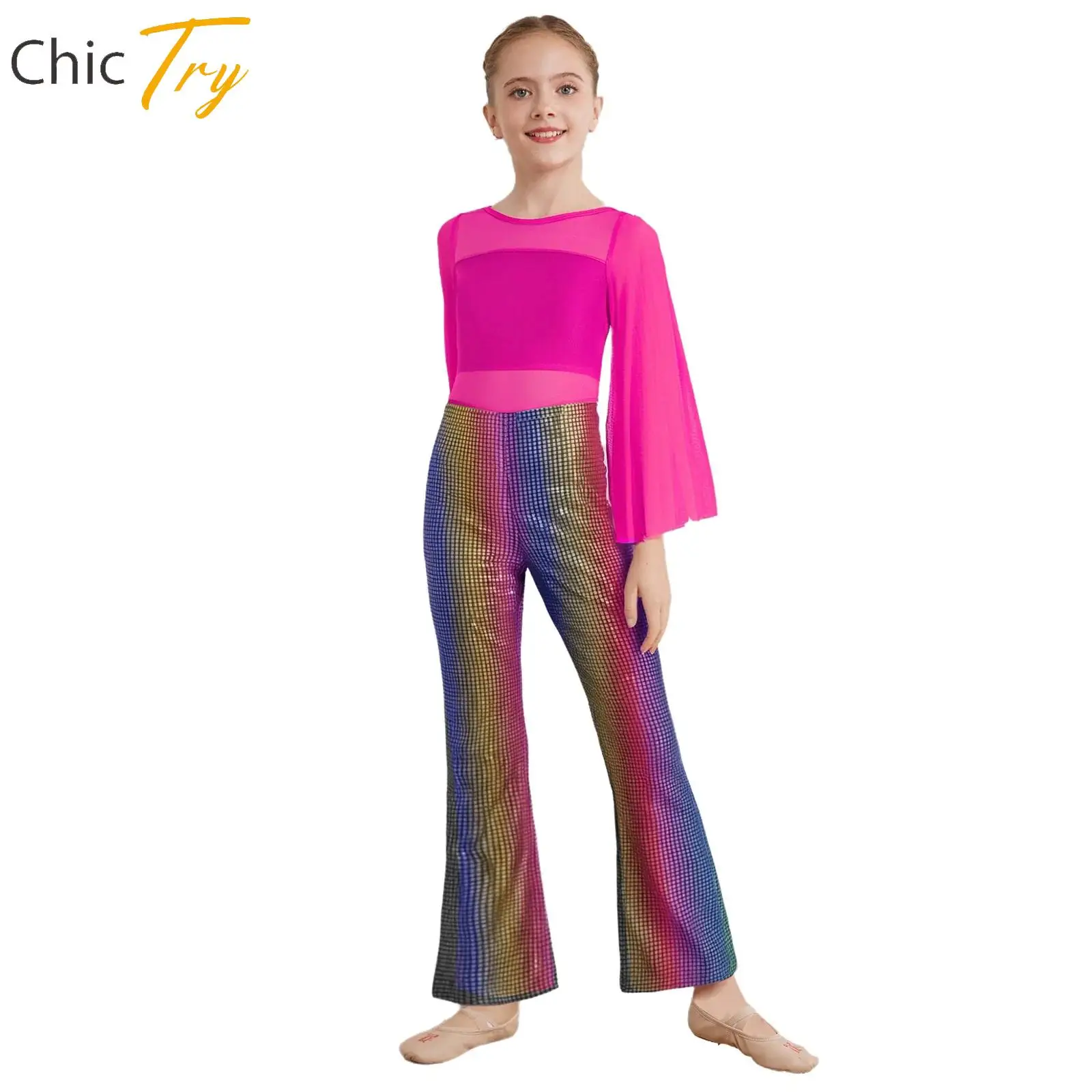 

Girls Jazz Latin Metallic Bell-Bottom Jumpsuit Cheerleading Uniform Dancewear for School Show Performance Carnival Cosplay Party