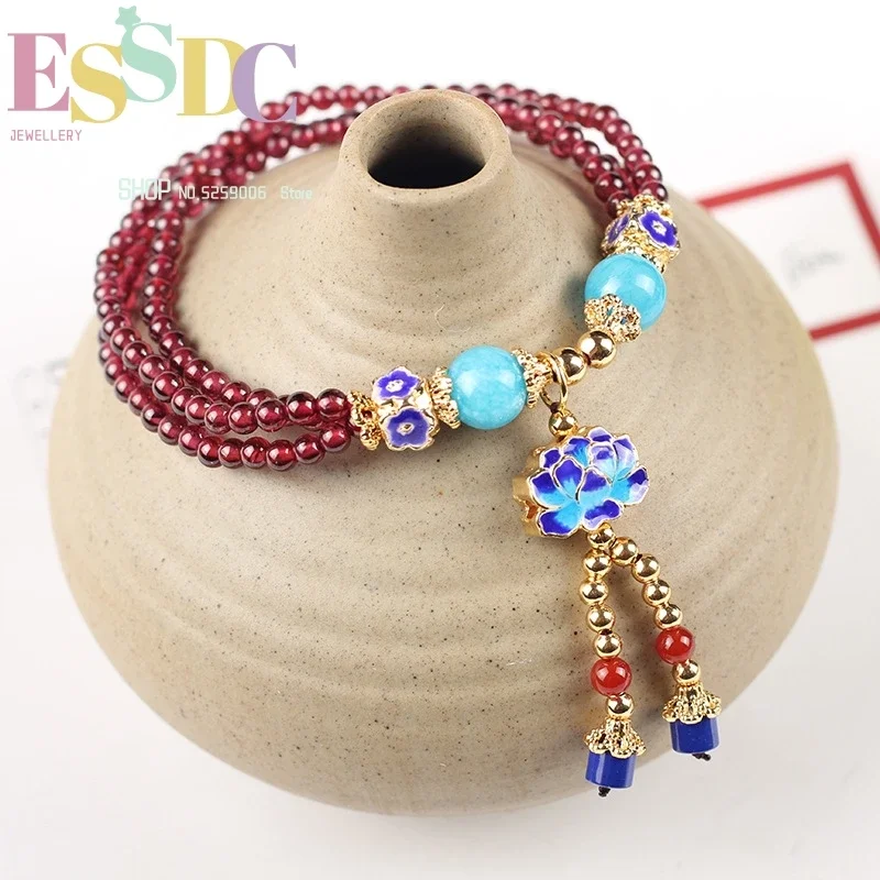 

Wholesale 4Mm Burgundy Garnet Round Ladies Multi-Circle Hand Beaded Bracelet Cloisonne Lotus Accessories