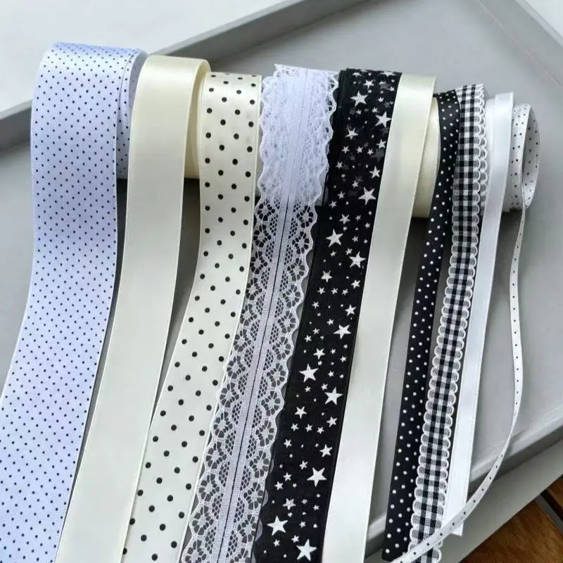 10-teiliges Set aus schwarz-weiß gepunkteten und sternförmigen Spitzenbändern, Geschenkverpackung für Bars, DIY-Verpackung, Hängematerial-Paket – Detail 2