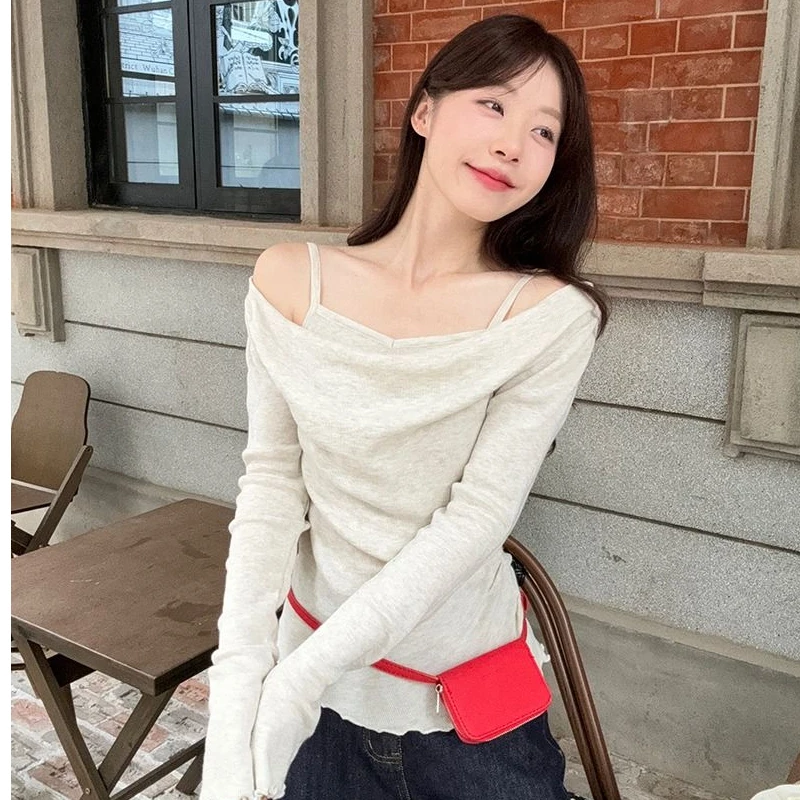 

Long Sleeved T Shirts V Collar Womens Spring Slim Hem Pleated Edge Drawcord Waist Lady Modern Artistic Layered Clean Simple Tees