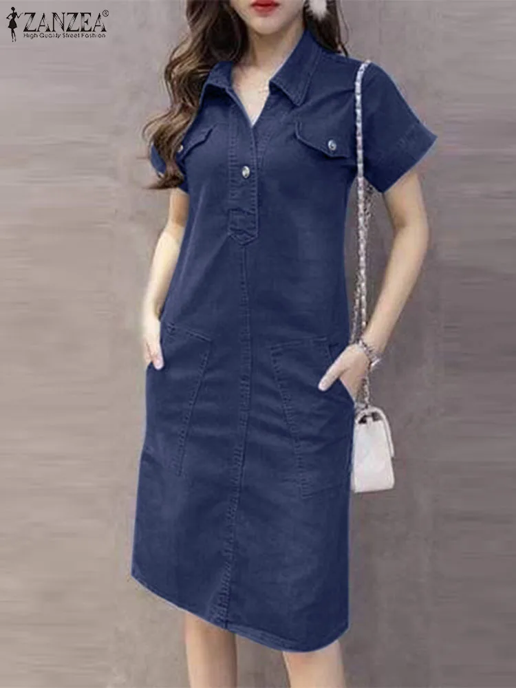 Summer Lapel Neck Short Sleeve Shirt Dress 2024 ZANZEA Women Fashion Denim Blue Sundress Casual Solid Work Vestido Robe Femme