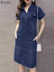 Summer Lapel Neck Short Sleeve Shirt Dress 2024 ZANZEA Women Fashion Denim Blue Sundress Casual Solid Work Vestido Robe Femme