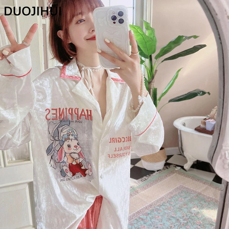 DUOJIHUI Classic Casual Loose Women's Pajamas Set Fashion Button Cardigan Long Elegant Pant Autumn Simple Female Sleepwear Sets