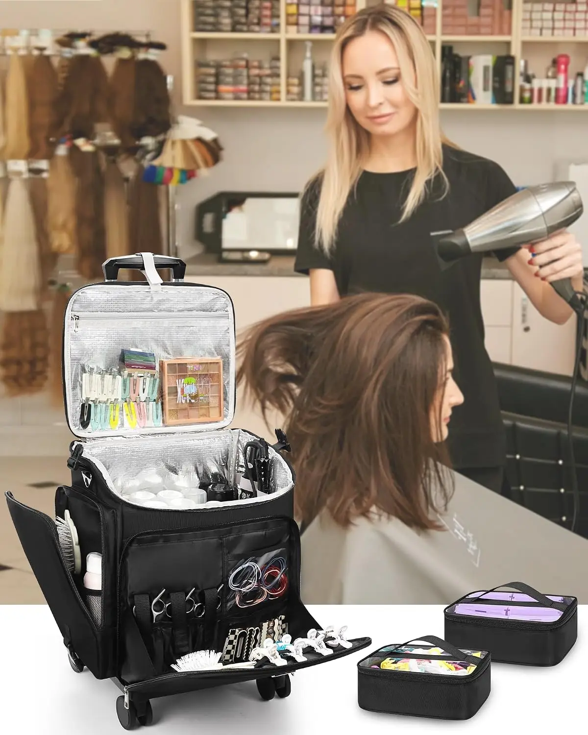 Rolling Makeup Case Hair Tools Travel Bag Cosmetology Case Wheels 2 Clear Bags Professional Hairstylist Bag Makeup Artist Storag