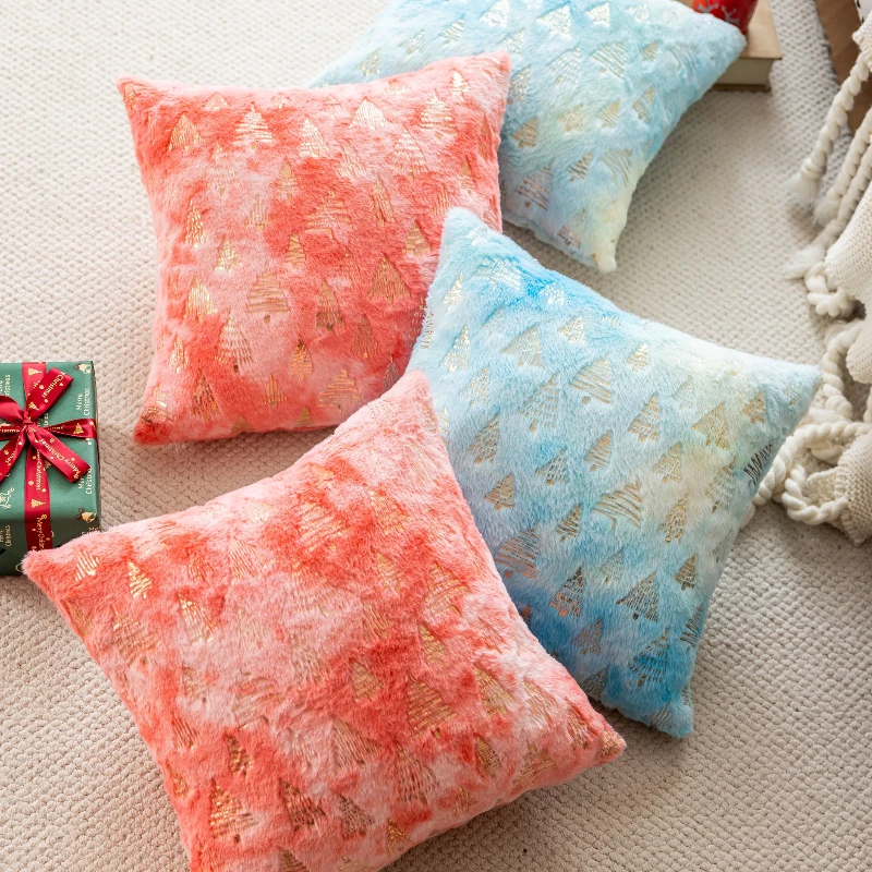 2-Pack Christmas Tree Gold Stamping Cushion Cover 45x45cm Tie-Dye Plush Pillow Cover New Year Christmas Decoration Home Decor