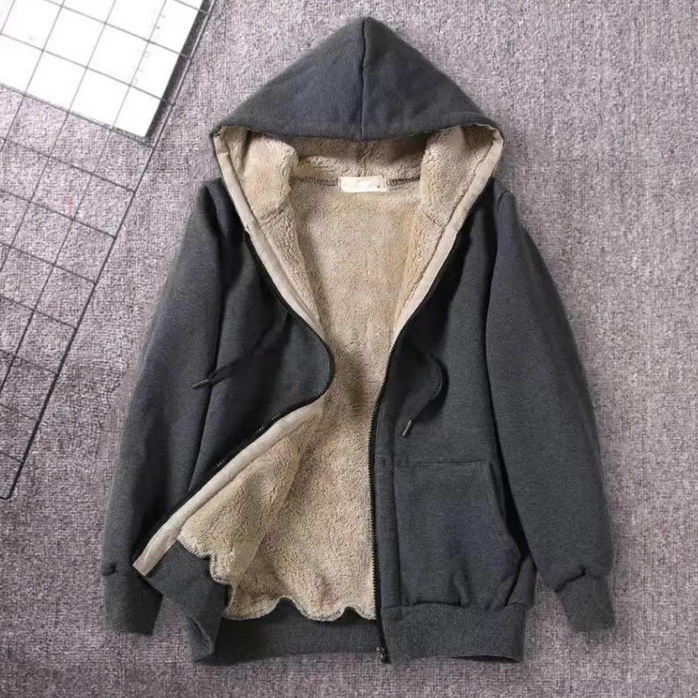 

Women Hoodie Fleeced Lined Solid Color Jacket Spring Autumn Loose Drawstring Sweatshirt Coat Outwear Streetwear