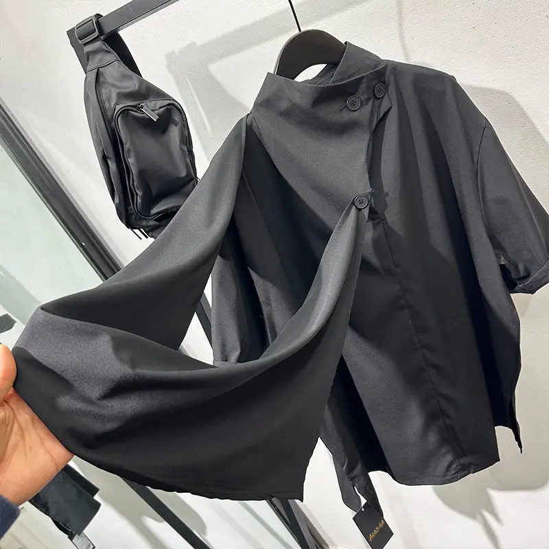 Fashionable Summer Avant-Garde Irregular Stand Collar Loose Short Sleeve Shirt Retro Design Personality Ice Silk Cool T-shirt