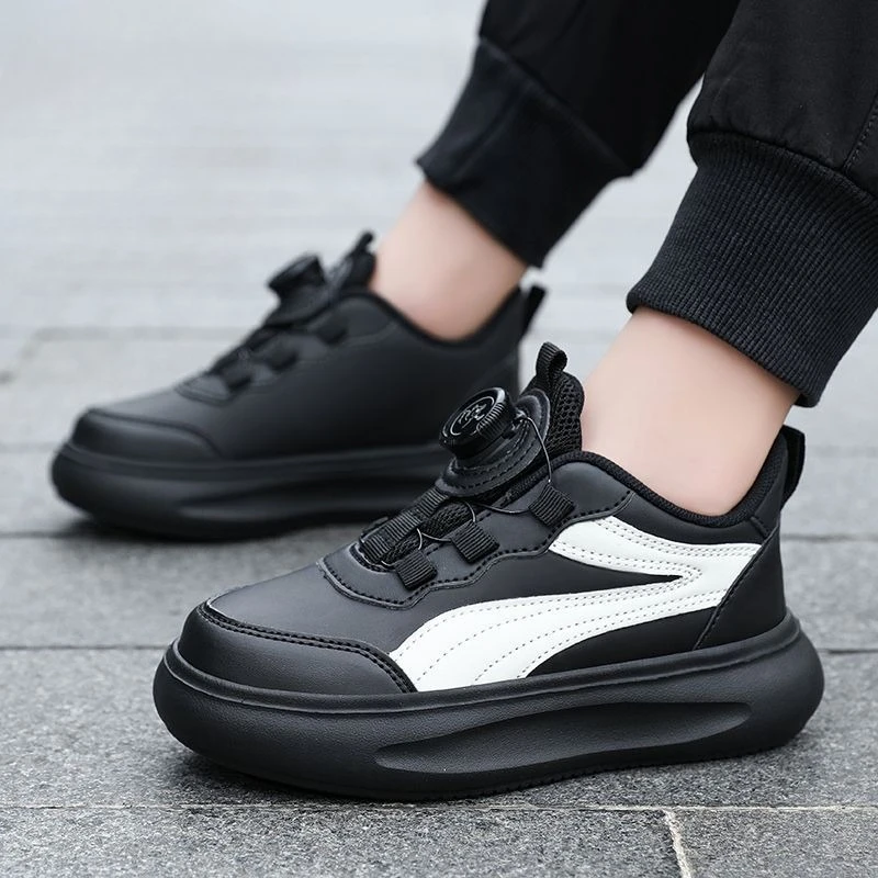 Boys Kids Casual Shoes 2026 Autumn Winter Leather Upper Waterproof Rotating Buckle Lightweight Running Sneakers for Boys