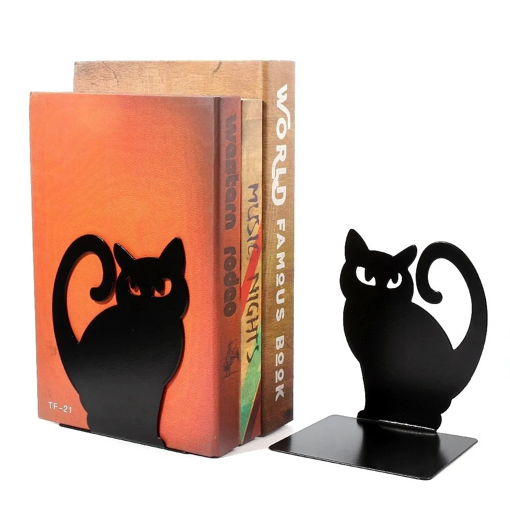 2pcs Iron Decorative Cat Bookend Black 4.72x4.37x5.87in Cat Shaped Book Stopper Thickening Design Non-Skid Base Metal Bookends