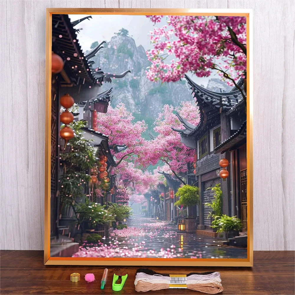 

Embroidery Kit Chinese Building Printed Cross Stitch For Bedroom Wall Full Patterns Canvas Needle Color Threads Cross-Stitch Kit
