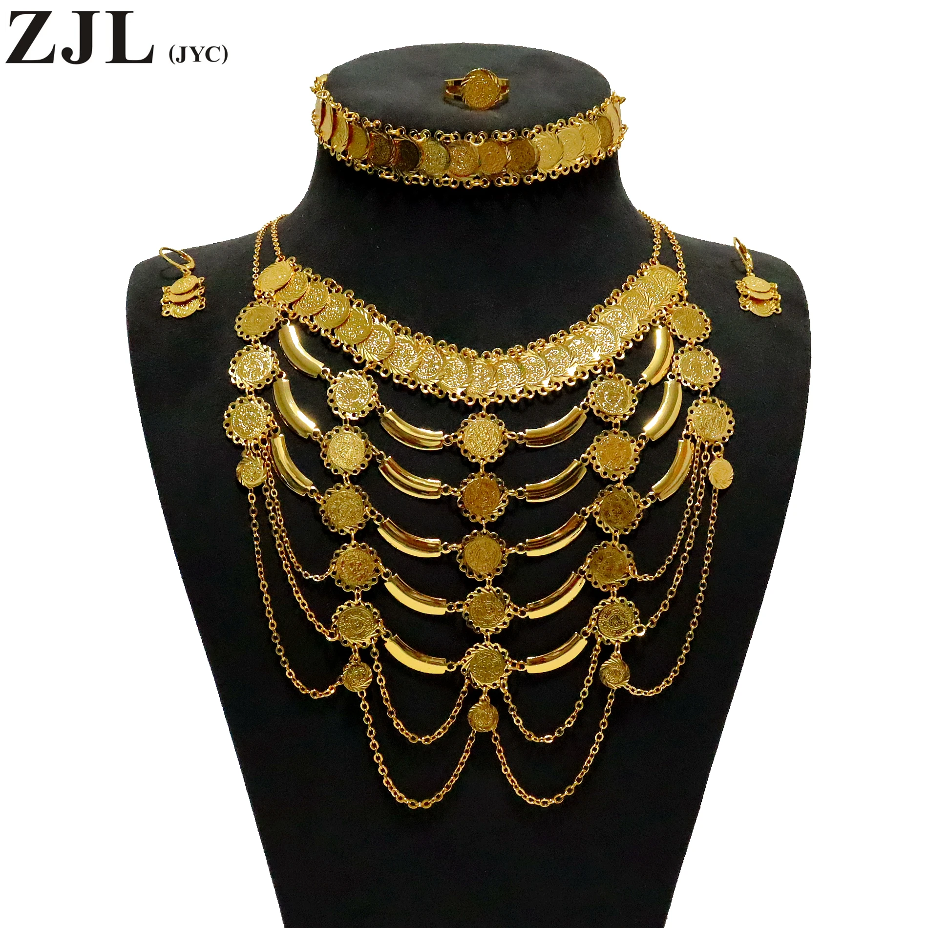 5Pcs Necklaces, Earrings, Bracelets, Rings 18K Gold Plating Women Coin  Jewelry Sets Everyday Clothing Party Accessories