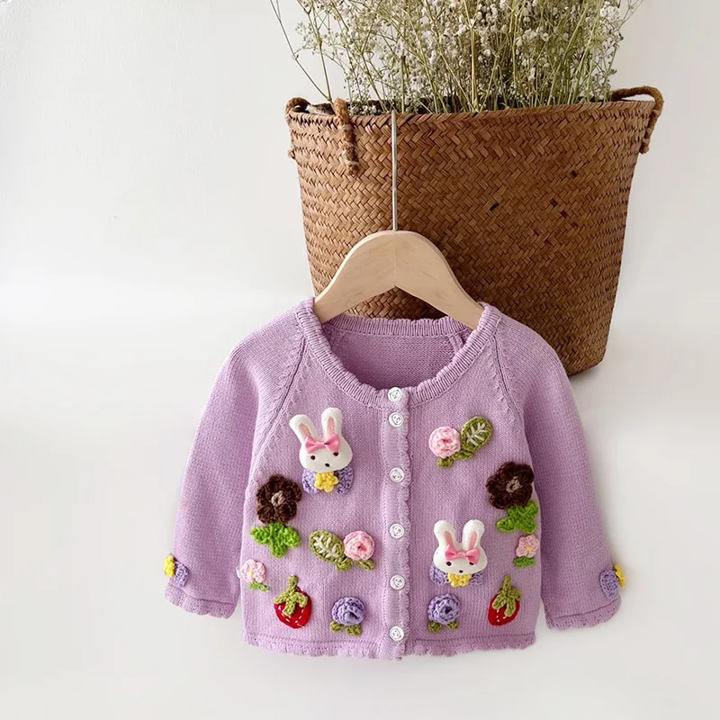 Spring Baby Girls Knitted Cardigan Sweater Coat Infant Long Sleeve Toddler Handmade Girl Cotton Appliques Rabbit Flower Clothes