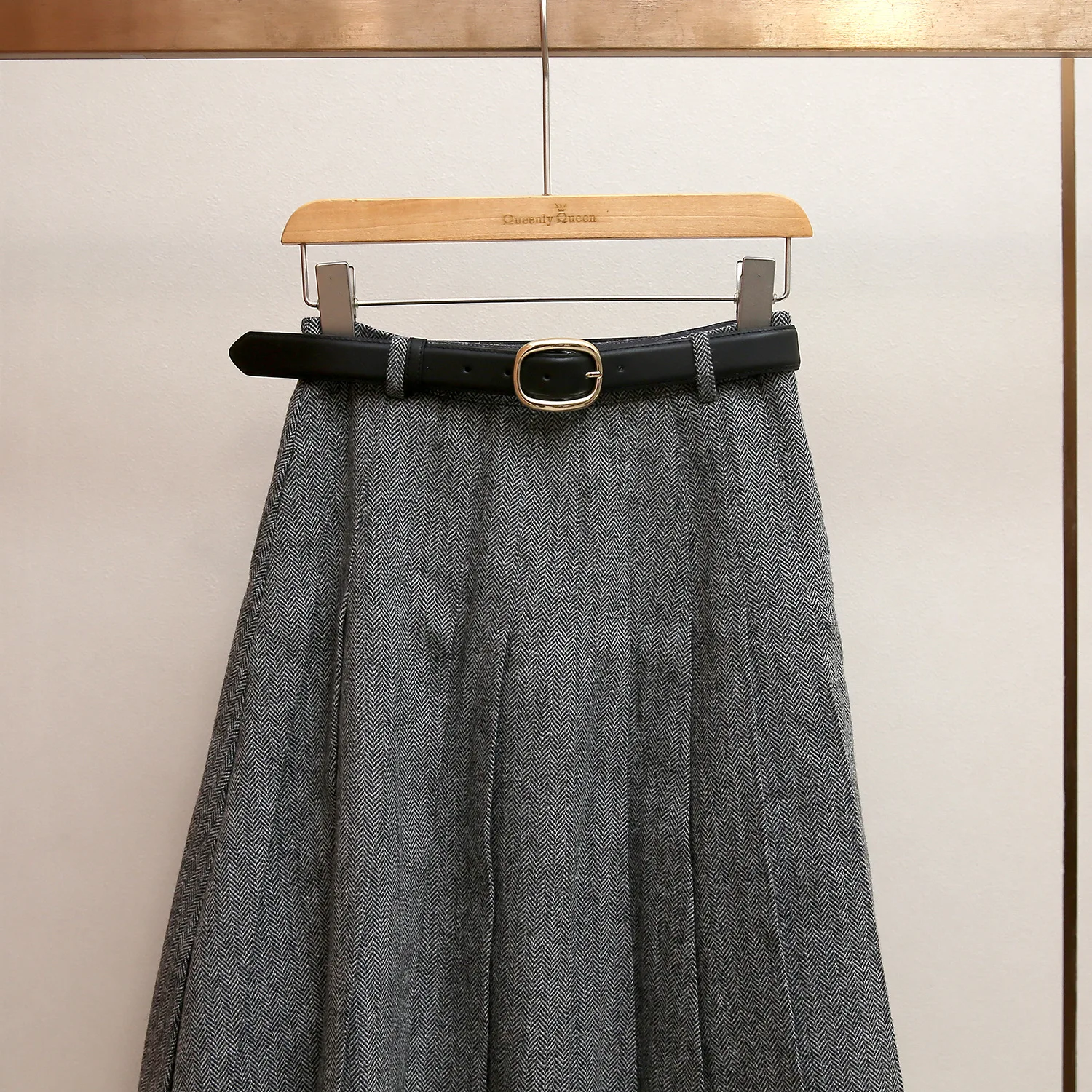 Hoge Kwaliteit Herfst Winter Koreaanse Stijl A-lijn Grijze Geplooide Midi Rok Slanke Hoge Taille Gordel Split Zoom vrouw kleding