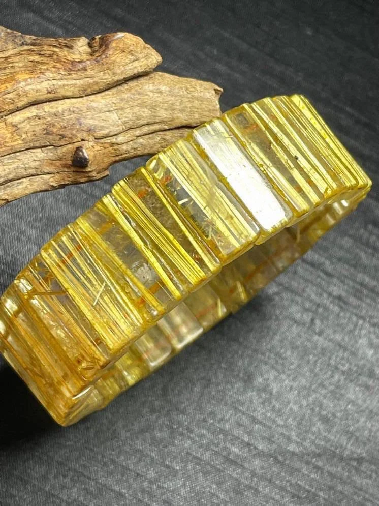 Natural Gold Rutilated Quartz Titanium Bangle Brazil Bracelet Jewelry 20.6mm Yellow Gold Rutilated Rectangle Beads AAAAA