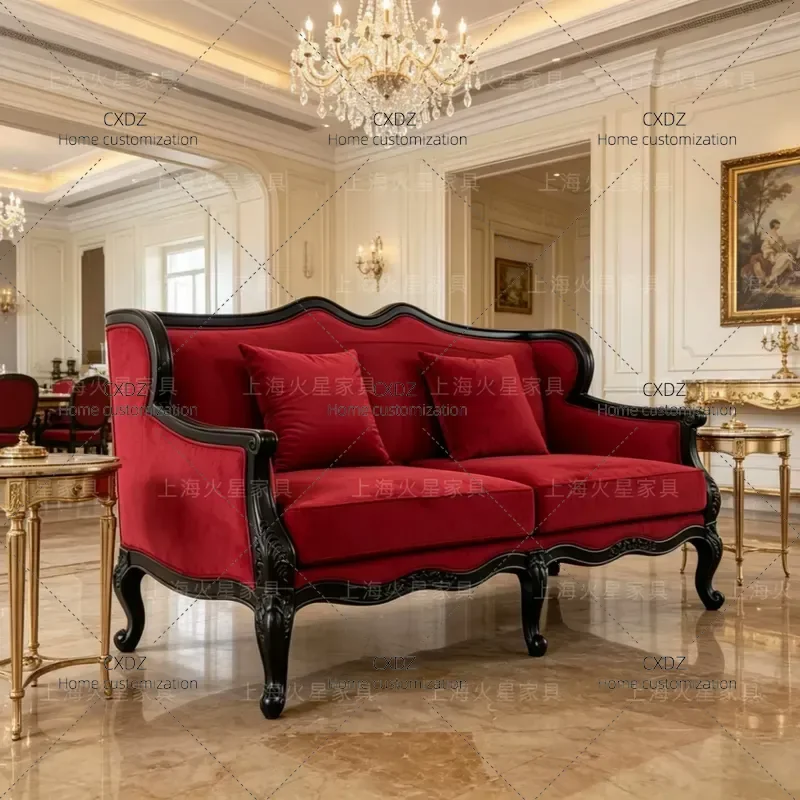 Solid Wood Carved Floral Sofa Country Style Double Seater for Hotel Clubhouse Reception Showroom Display