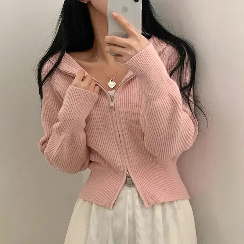 Chique outono inverno de malha manga crida com capuz cintura-cinching design de zíper jaqueta suéter versátil simples zípe...