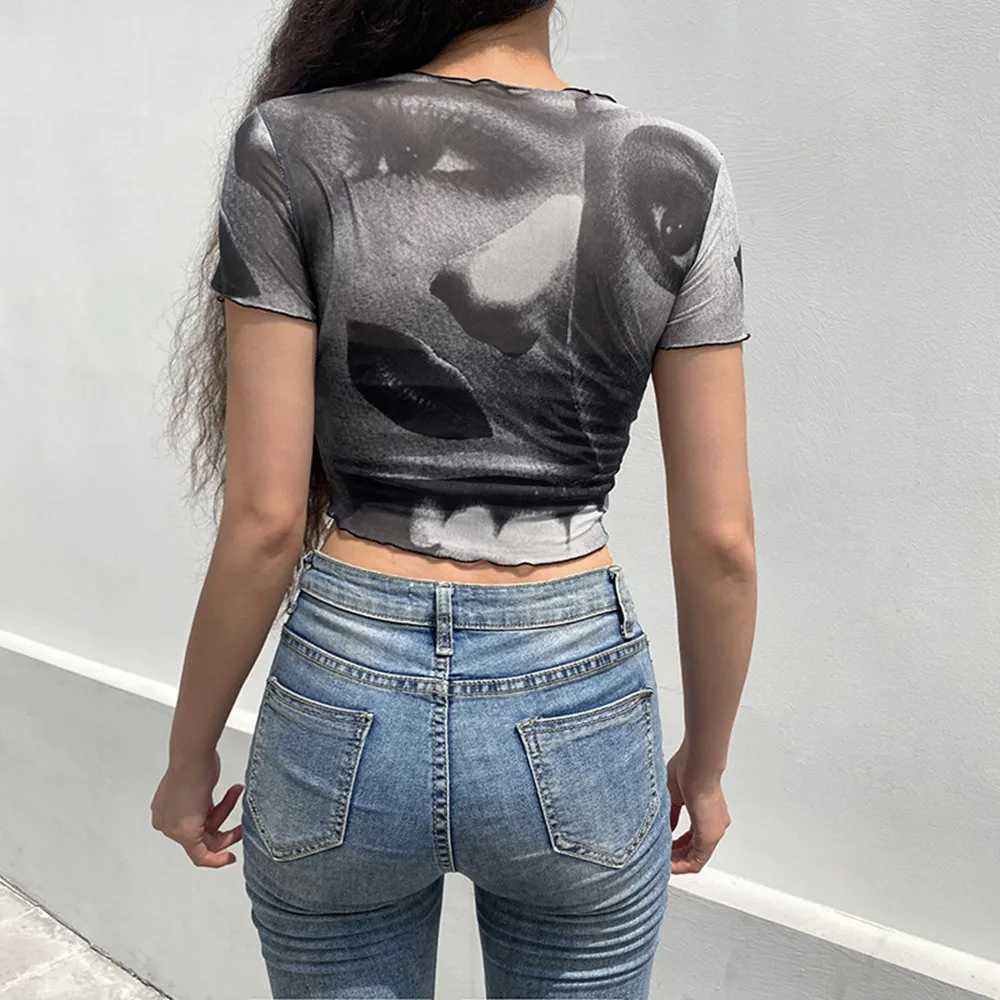 Women Summer Funny Eye Print Short Sleeve Crop Top Tee Graphic Cute T-Shirt