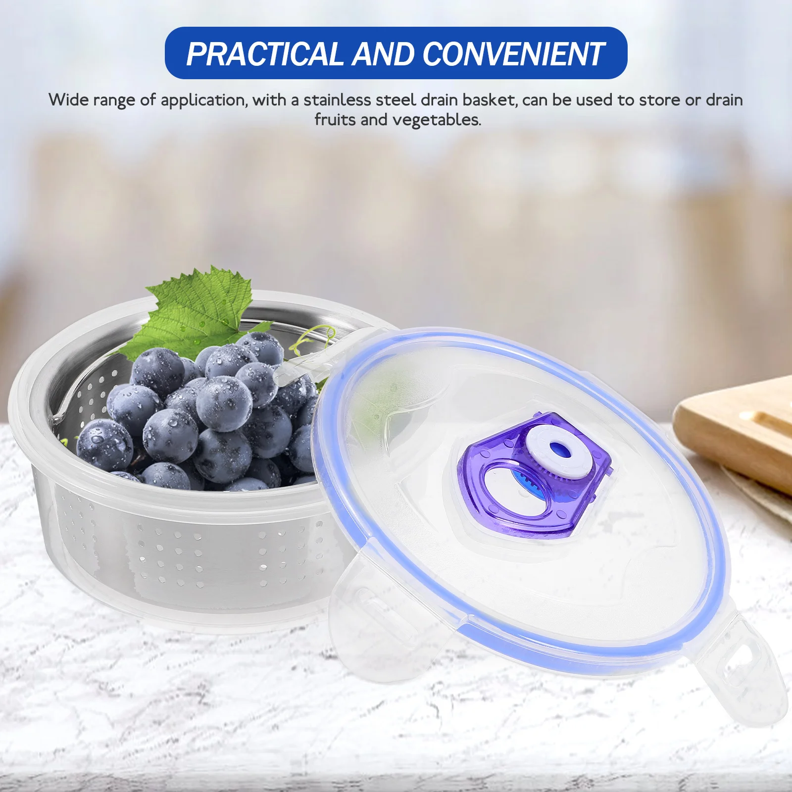 

1 Set Of Clear Food Preservation Storage Box Detachable Stainless Steel Drain Basket For Fridge Organizer Bins Kitchen Supplies