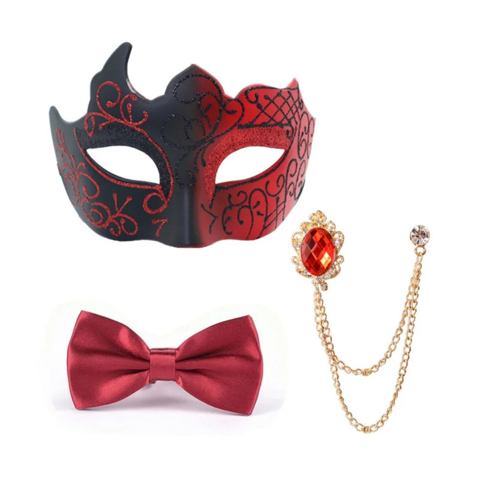 Máscara de fiesta pintada de media cara, impresionante máscara de fiesta, conjunto de pajarita, disfraz de mascarada de caballero, conjunto de máscara decorativa de mascarada