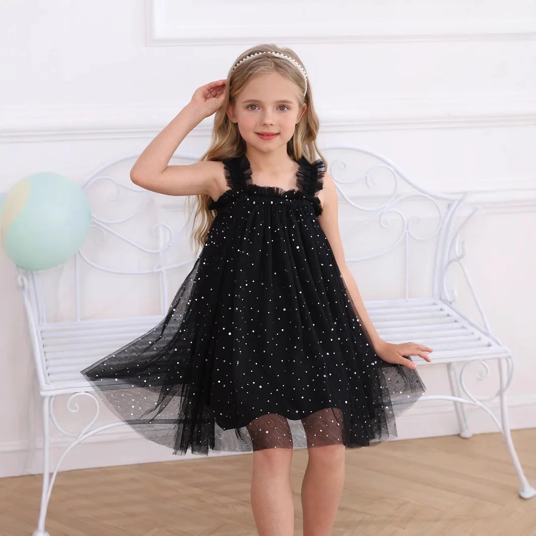 

2025 Summer New Girls' Strap Dress Mesh Fashion Puff Skirt Sweet and Cute Fairy