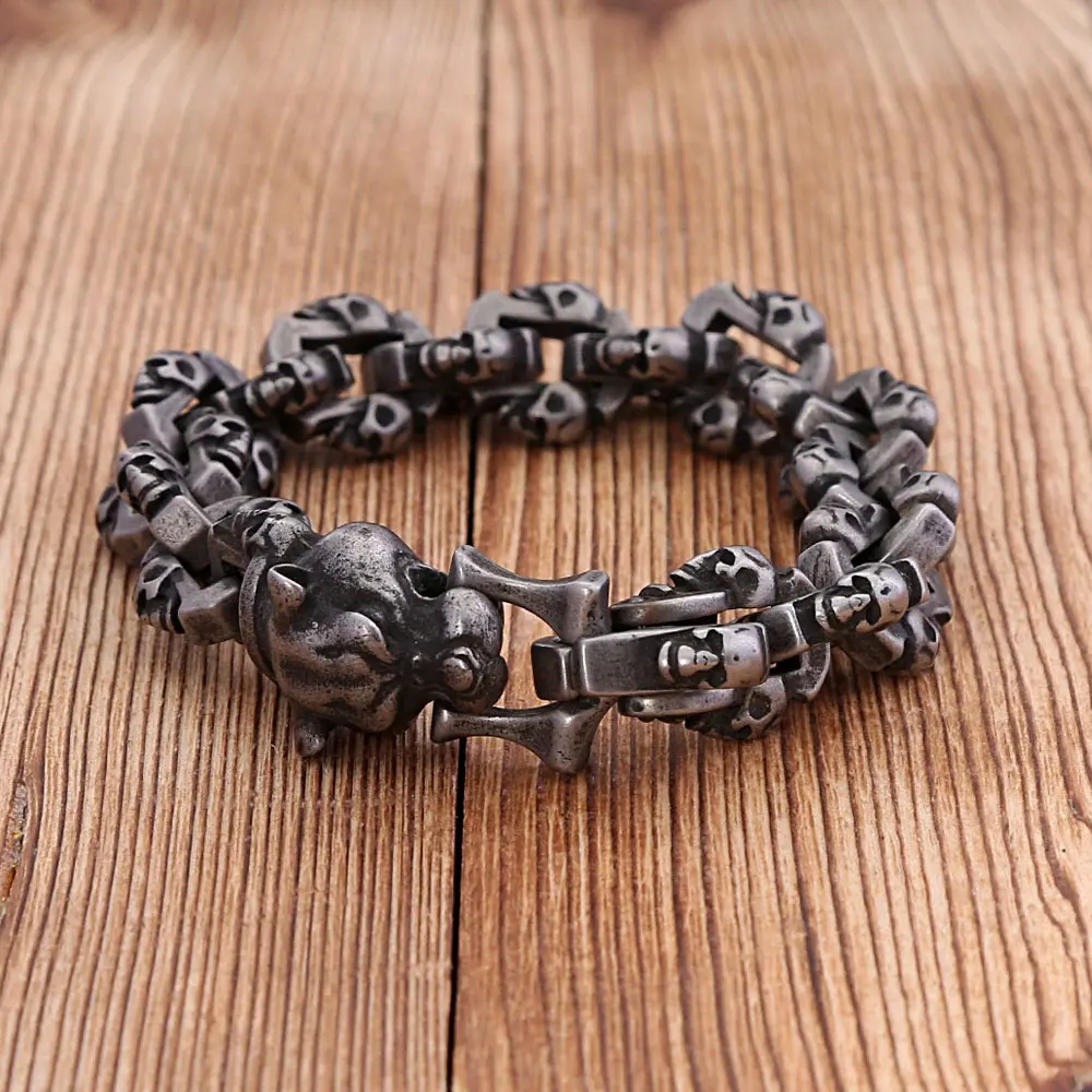 

Antique Silver Leopard Bracelet Vintage Stainless Steel Skull Cuff Bracelets for Men Boys Punk Biker Jewelry Halloween Gifts